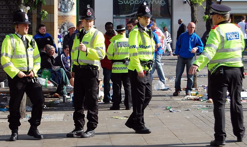 Greater Manchester Police officers in Piccadilly Gardens (Manchester, England)