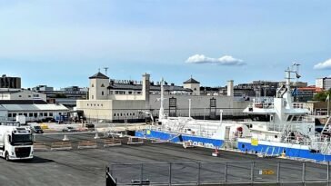 Gasum LNG trucks refuelling LNG bunker MS Seagas IMO in Frihamnen Stockholm in May