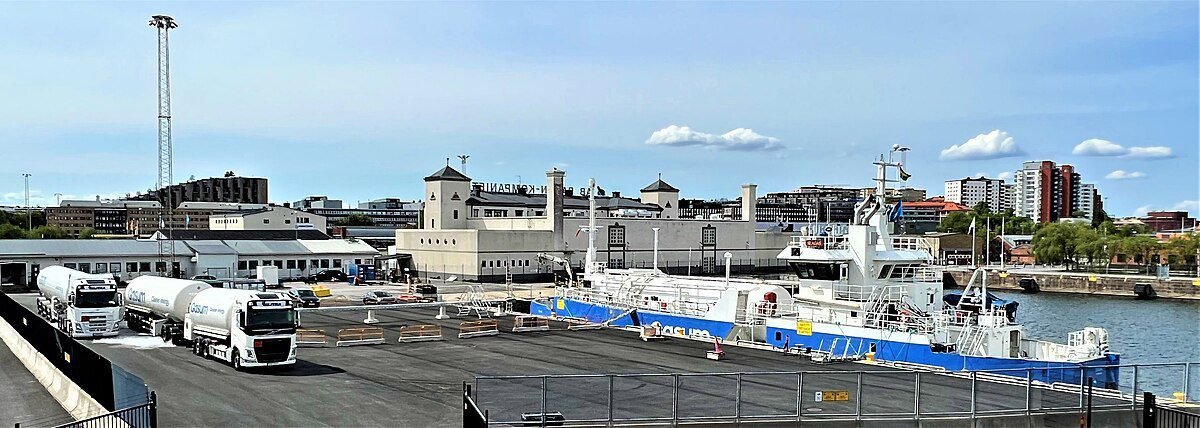 Gasum LNG trucks refuelling LNG bunker MS Seagas IMO in Frihamnen Stockholm in May