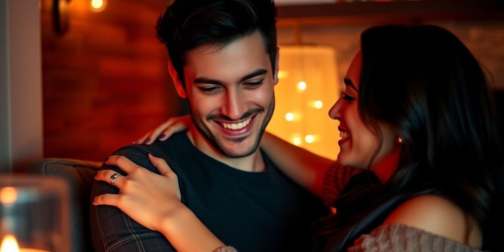 Couple sharing a playful moment in a cozy setting.