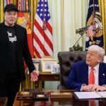 President Donald Trump participates in a press conference with departing DOGE adviser Elon Musk (cropped) ()