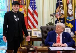 President Donald Trump participates in a press conference with departing DOGE adviser Elon Musk (cropped) ()