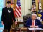 President Donald Trump participates in a press conference with departing DOGE adviser Elon Musk (cropped) ()